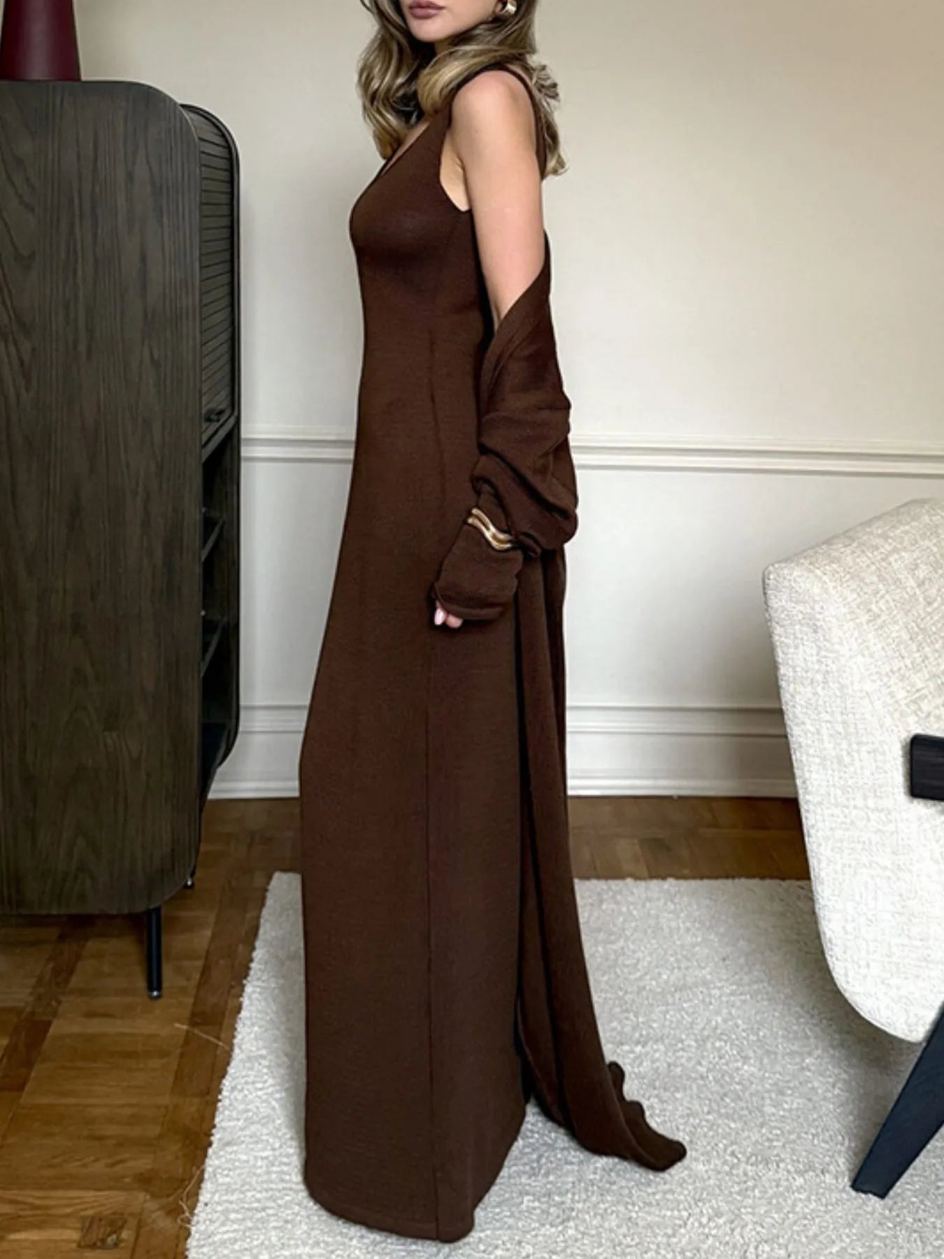 V-Neck Knit Dress and Cardigan Sweater Set Coffee Brown Easy Apparels