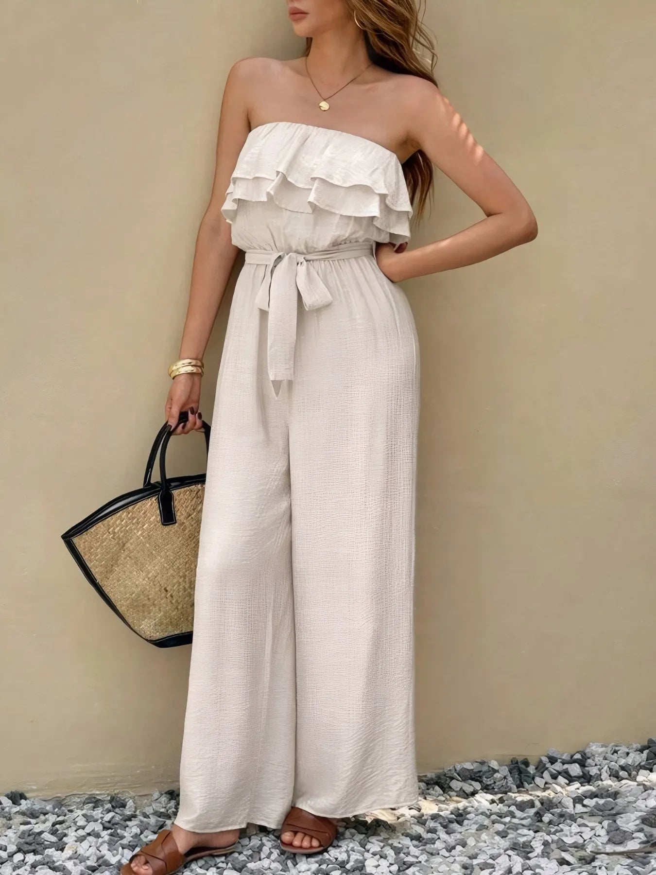 Off-Shoulder Ruffled Wide Leg Jumpsuit Easy Apparels