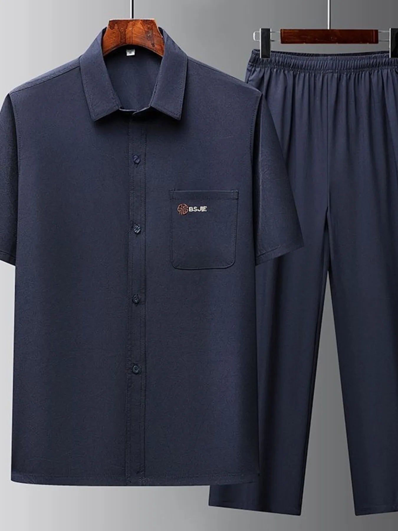 Men's Full Size Button Up Short Sleeve Top and Pants Set Plus Size Navy Easy Apparels