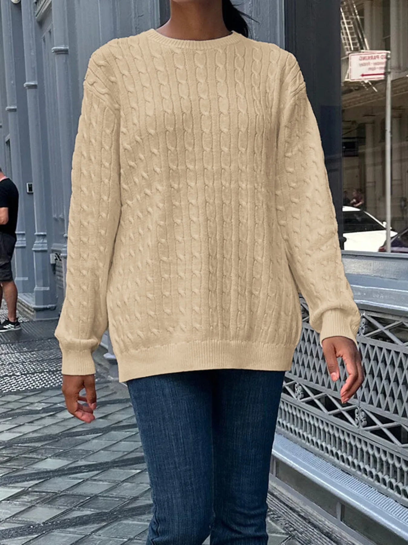Trendsi Cable-Knit Round Neck Pullover Sweater