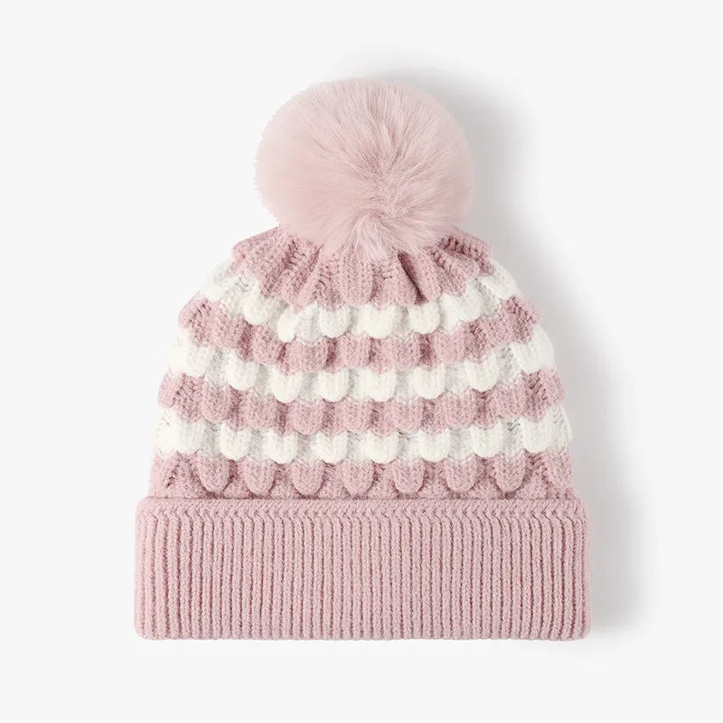 Striped Contrast Knit Hat with Pom-pom Blush Pink One Size Easy Apparels