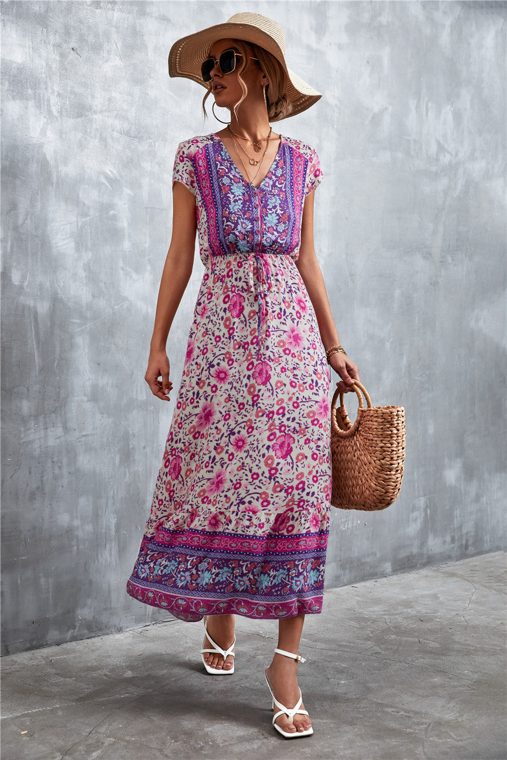 Trendsi V-Neck Short Sleeve Printed Maxi Dress Purple