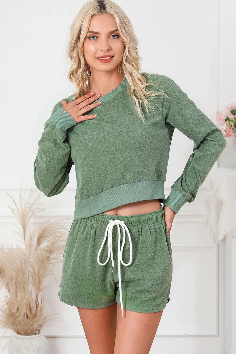 Round Neck Long Sleeve Top and Drawstring Shorts Lounge Set Easy Apparels