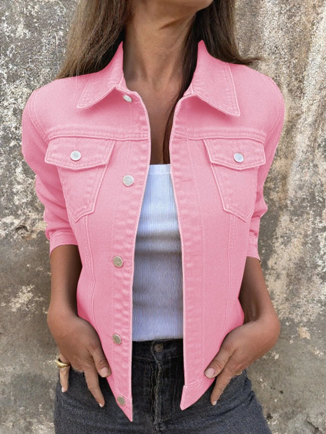 Button Front Closure Denim Jacket Pink Easy Apparels