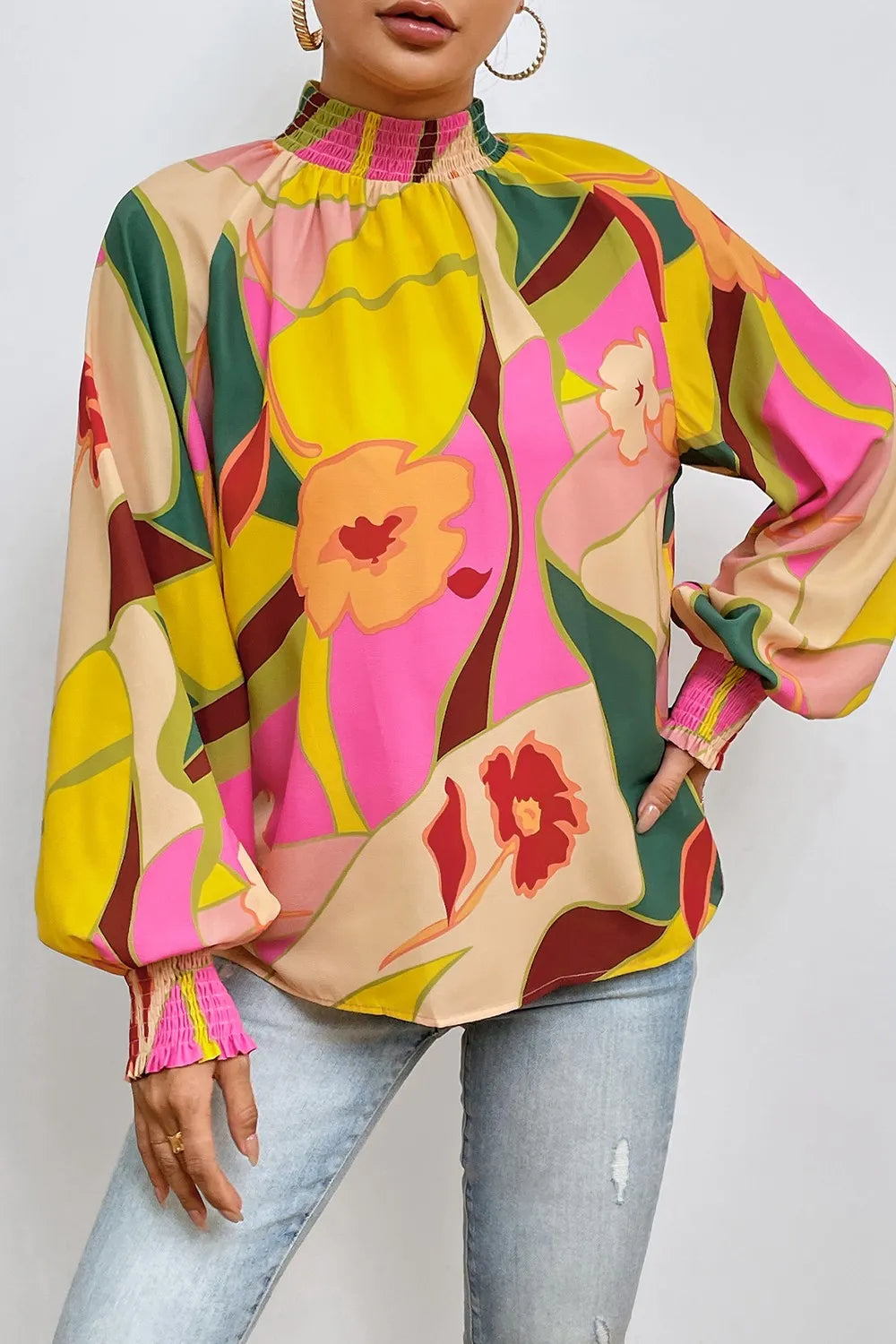 Trendsi Floral Smocked Lantern Sleeve Mock Neck Blouse