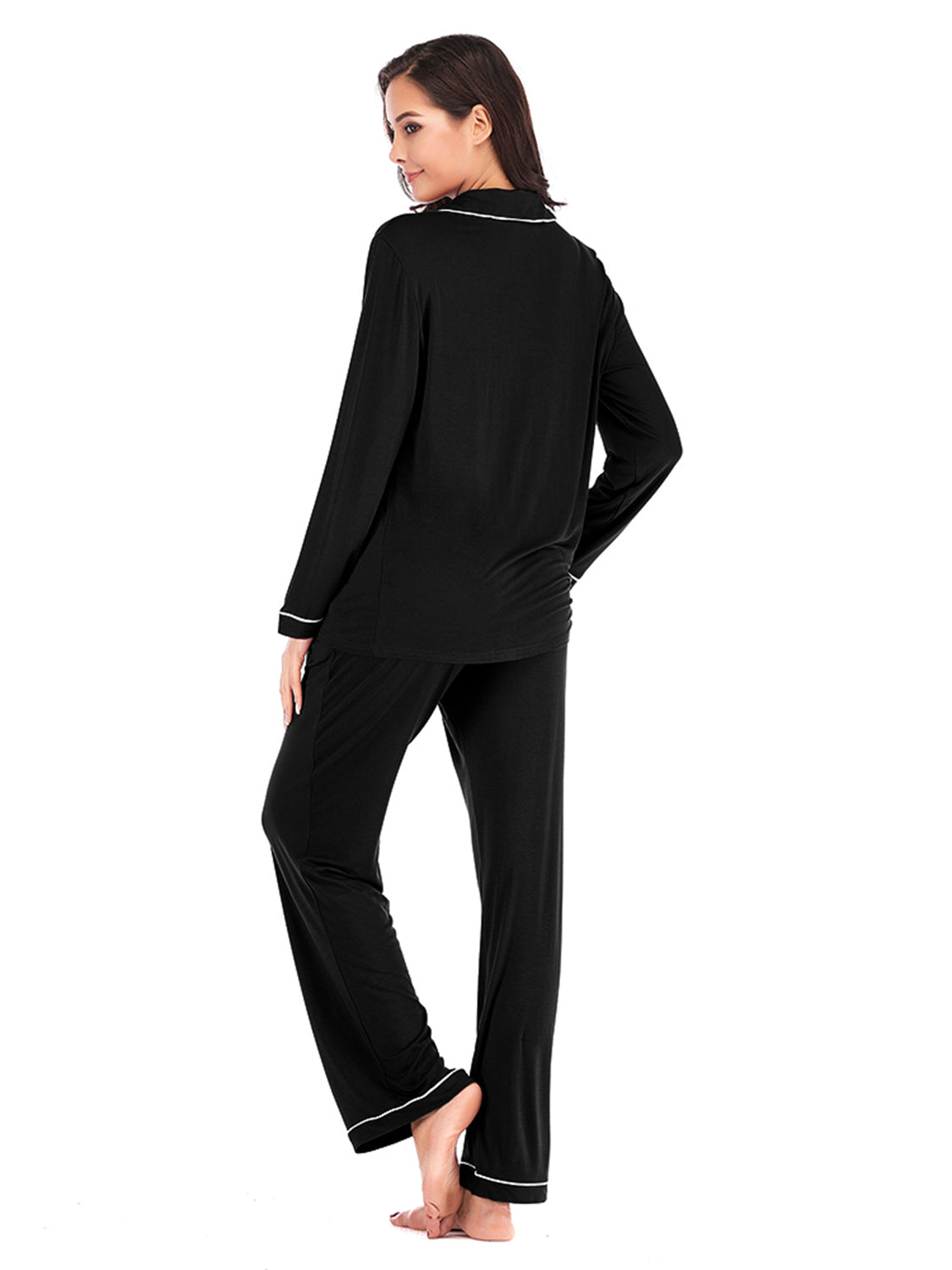 Collared Neck Long Sleeve Loungewear Set with Pockets Easy Apparels