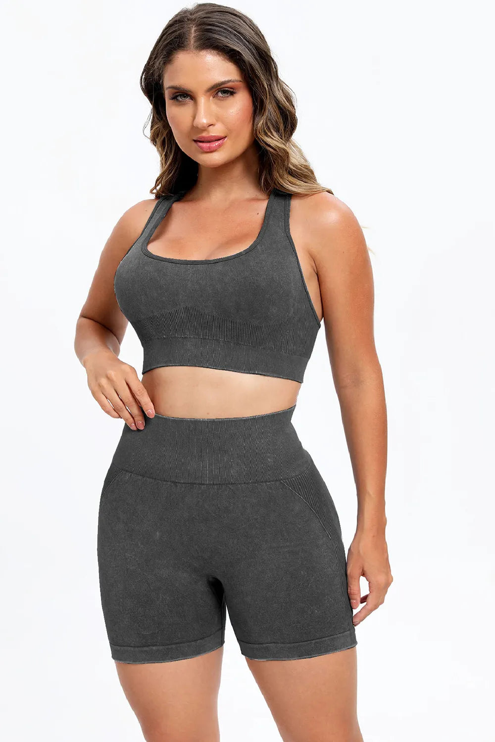 3 Piece Washed Square Neck Wide Strap Active Set Easy Apparels