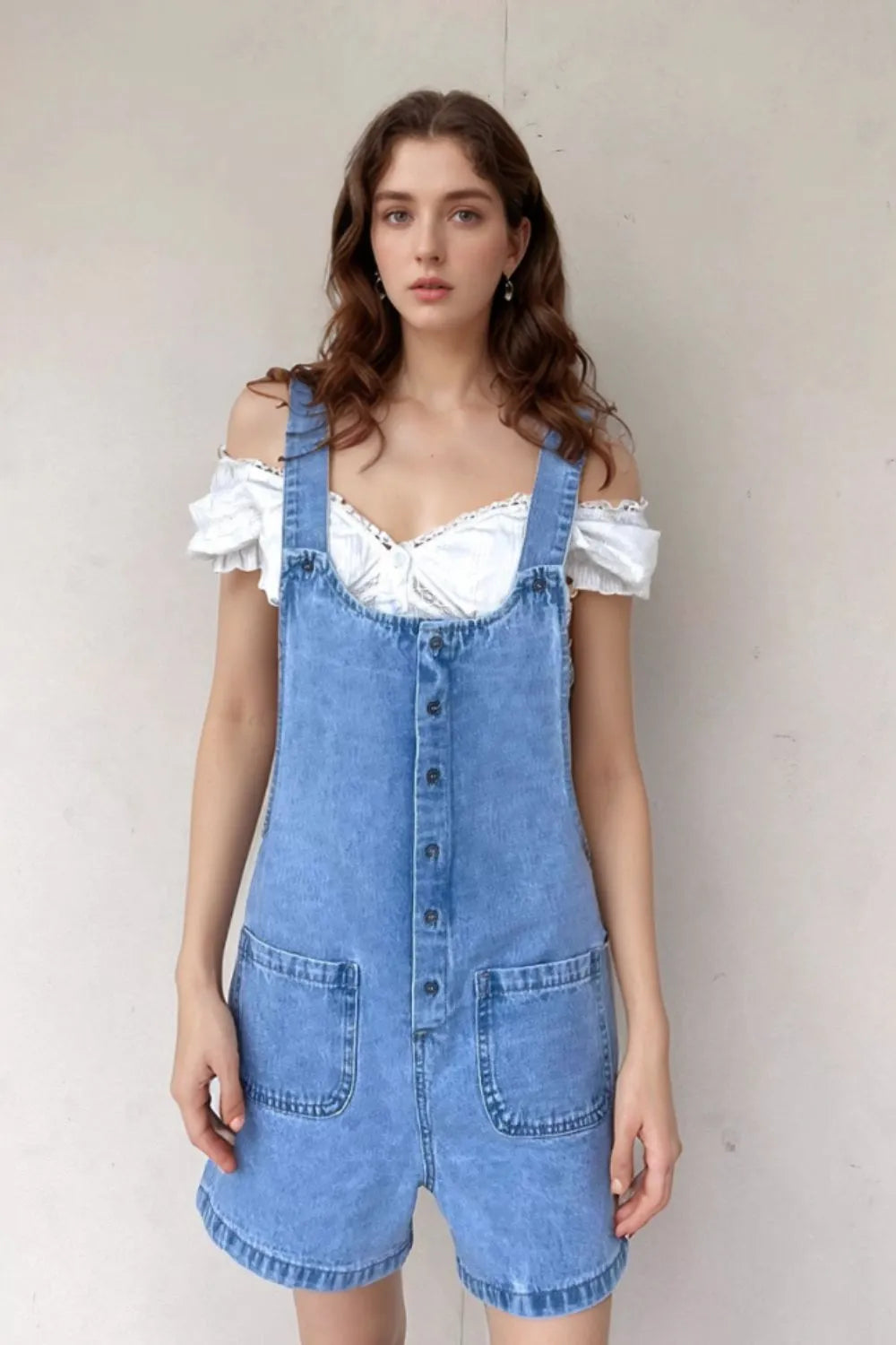 Button Front Denim Overall Shorts with Front Pockets Sky Blue Easy Apparels