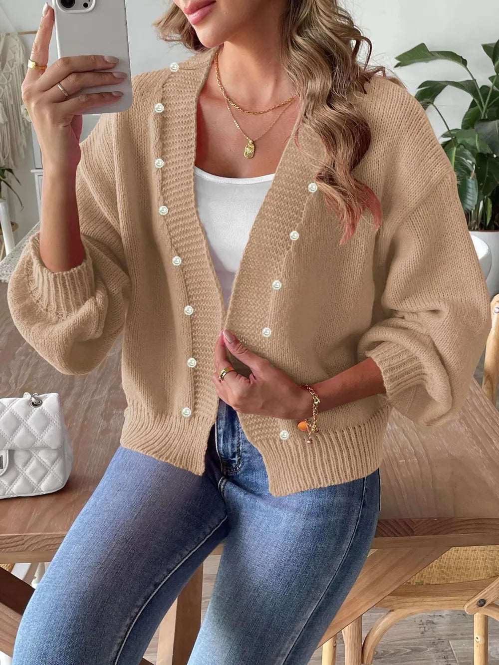 Pearl Open Front Long Sleeve Cardigan Easy Apparels