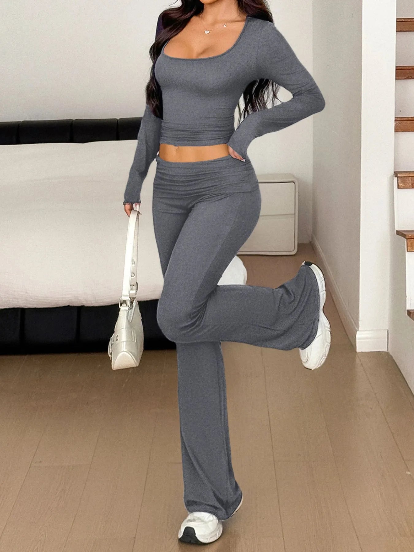 Long Sleeve Crop Top and Bootcut Pants Set Dark Gray Easy Apparels