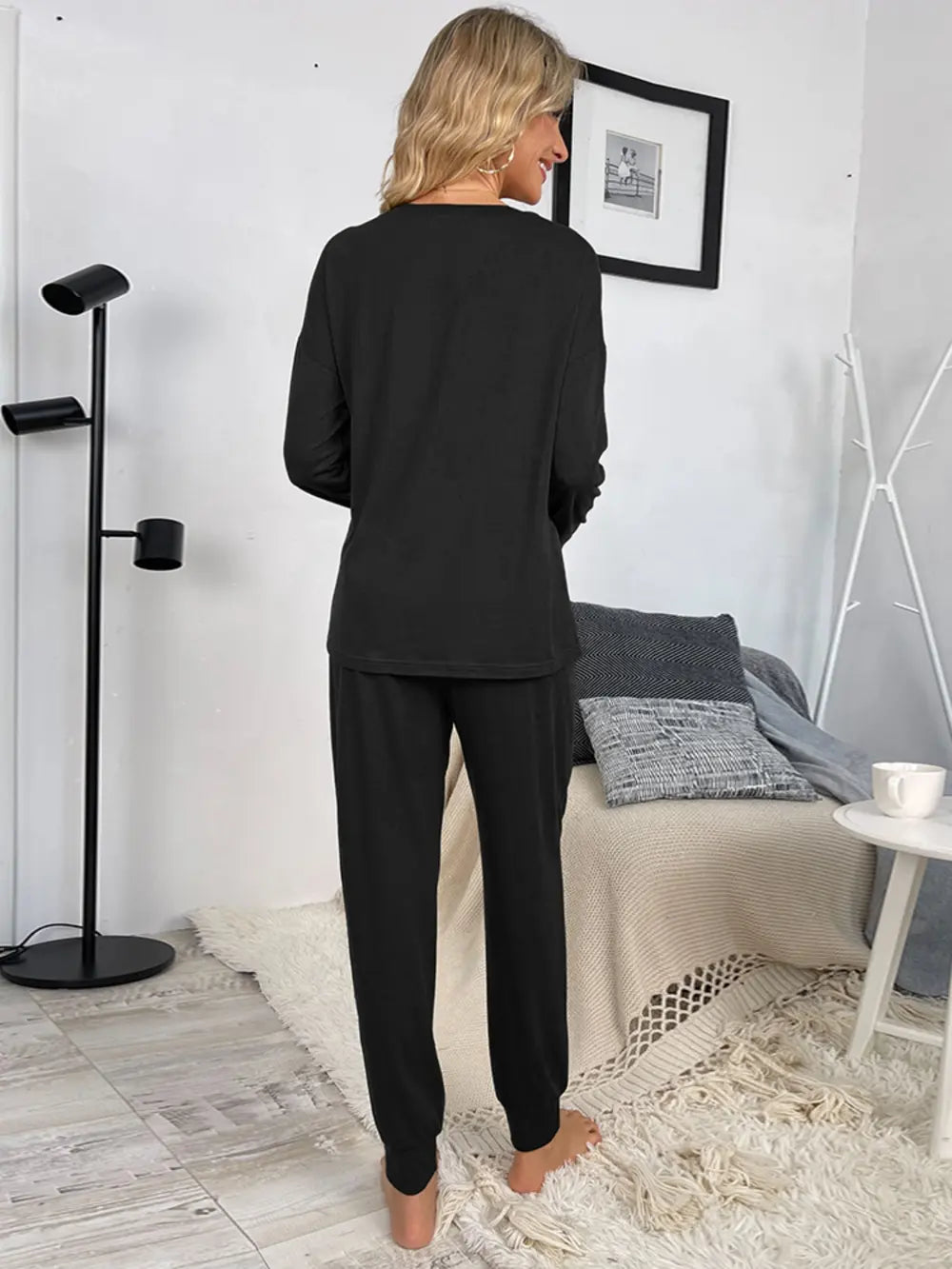 Shiny Round Neck Top and Drawstring Pants Lounge Set Easy Apparels