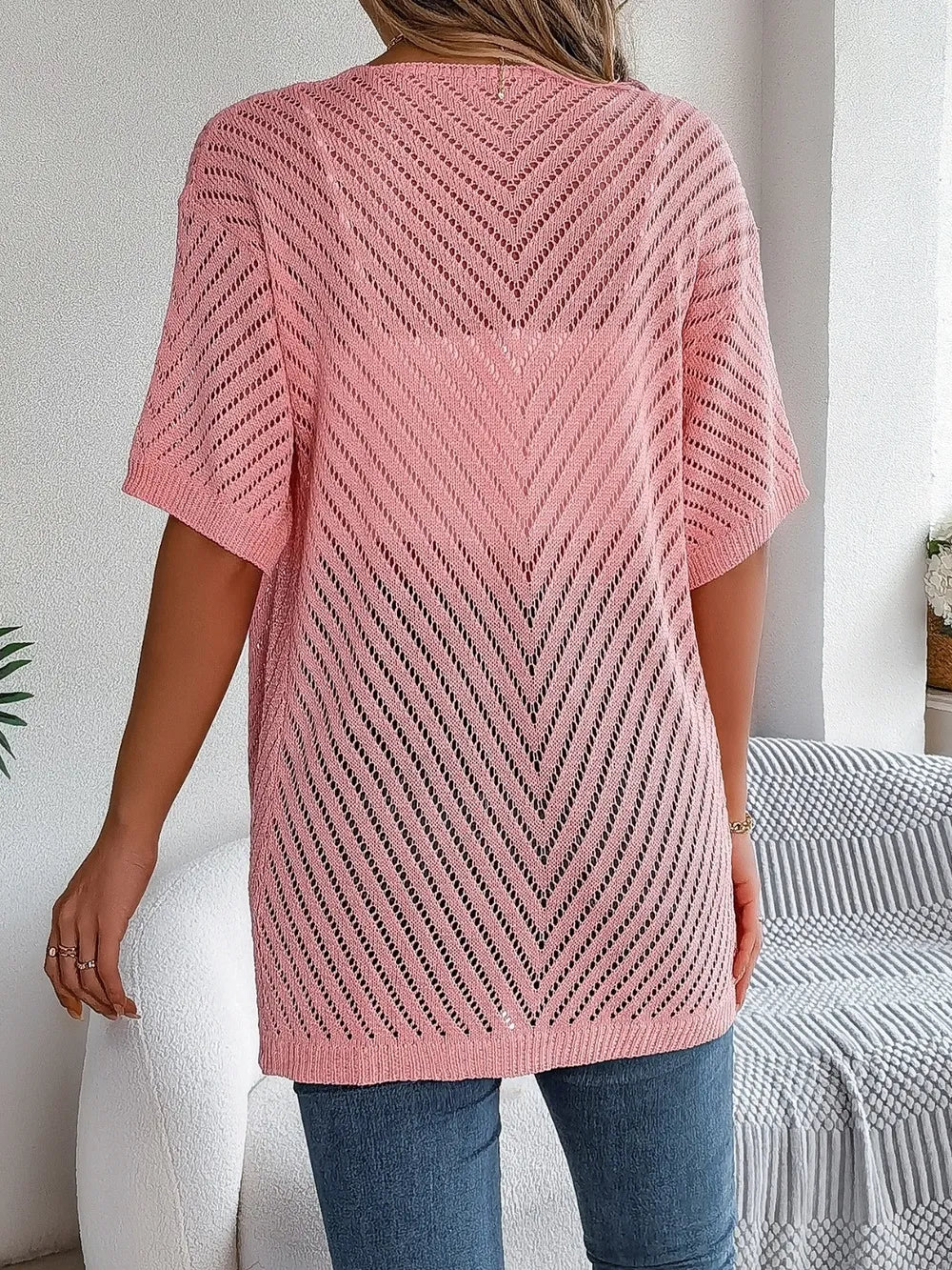 Openwork Open Front Half Sleeve Cardigan Easy Apparels
