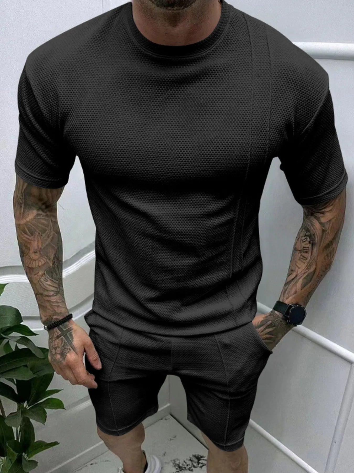 Men's Full Size Round Neck Tee and Shorts Set Plus Size Black Easy Apparels