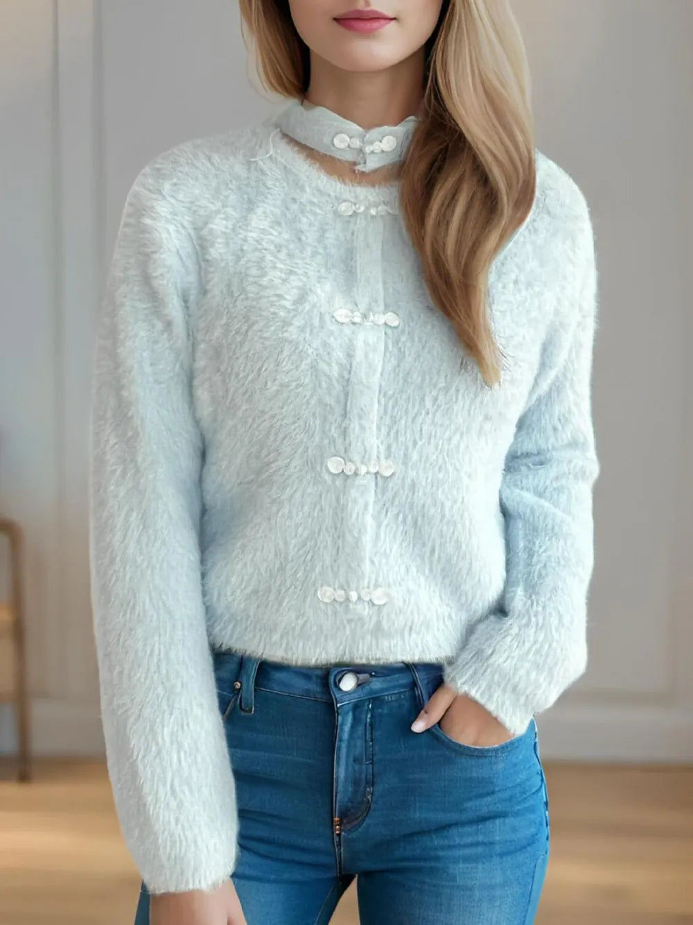 Cutout Knot Button Long Sleeve Cardigan Light Blue One Size Easy Apparels