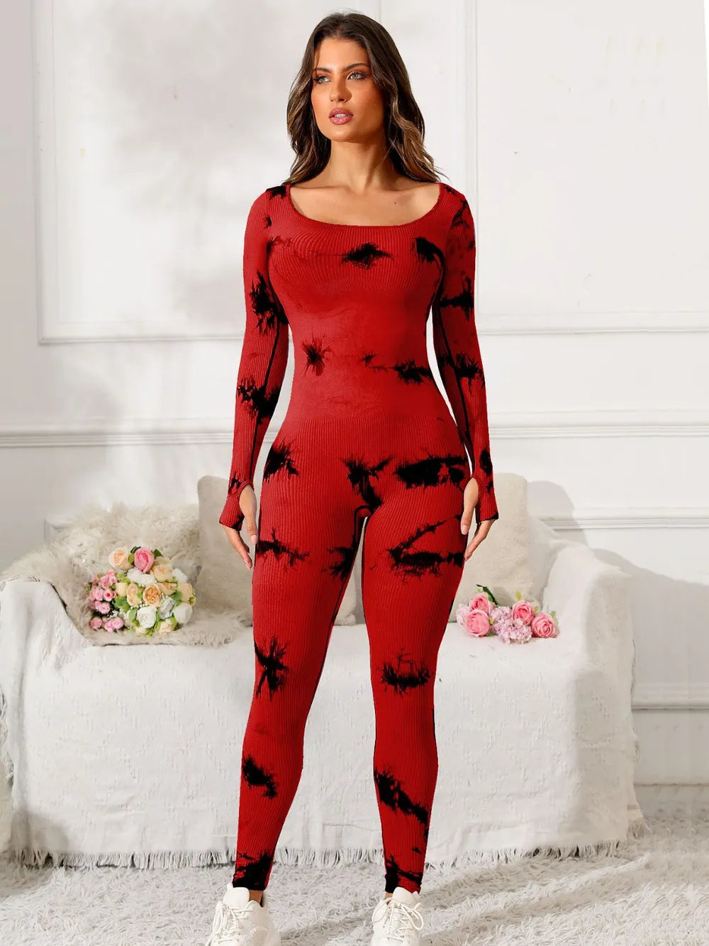 Scoop Neck Long Sleeve Active Jumpsuit Deep Red Easy Apparels