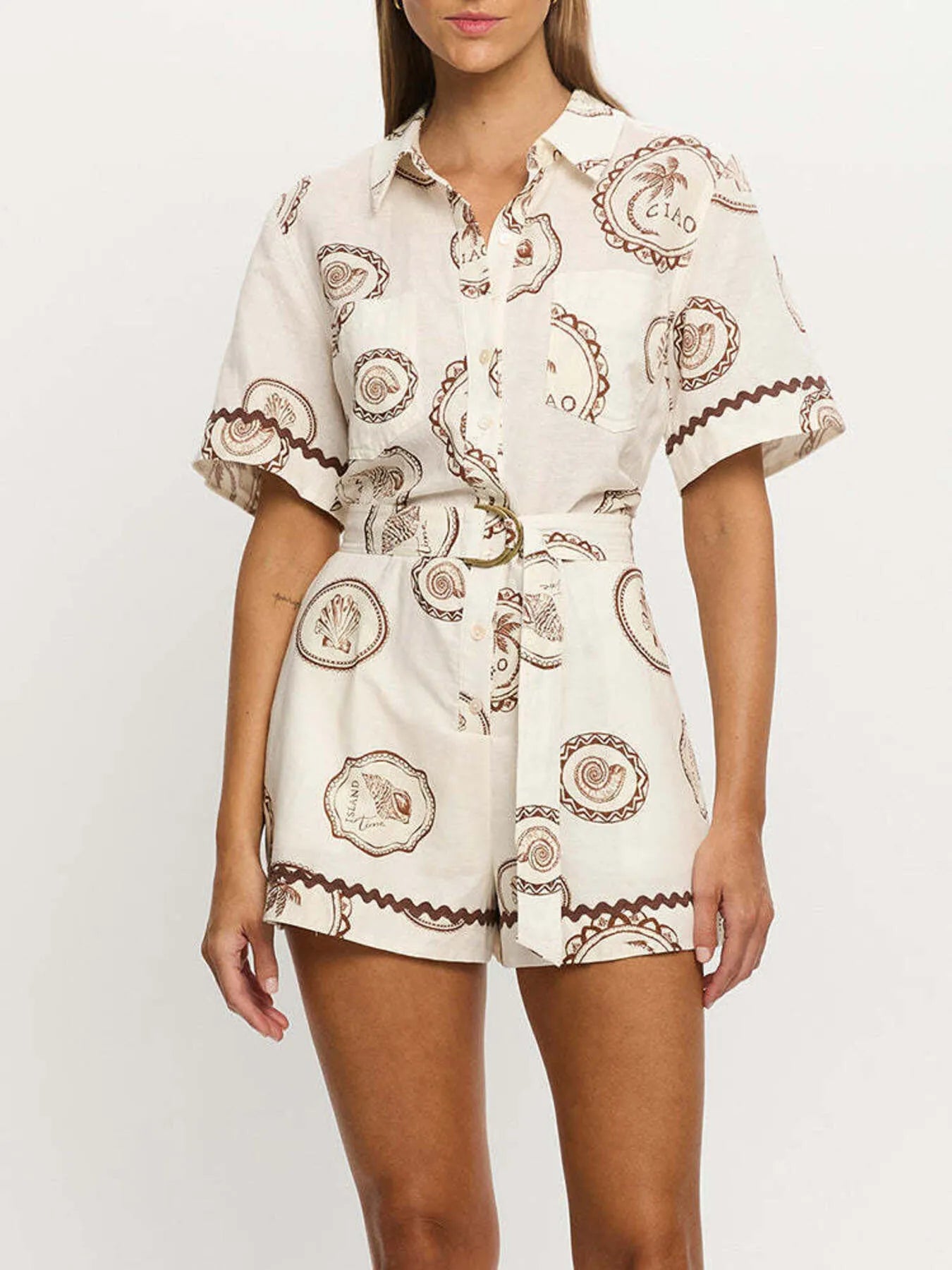 Printed Button-Up Half Sleeve Romper Beige Easy Apparels