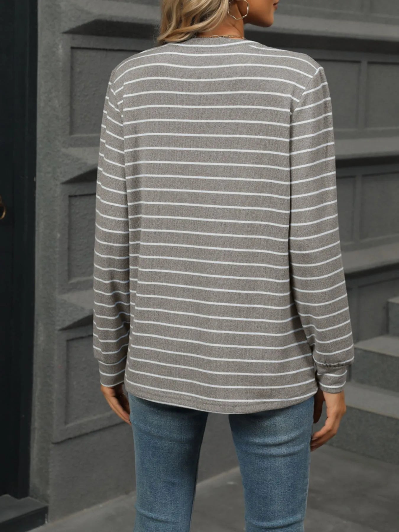 Trendsi Striped Henley T-Shirt with Button Detail