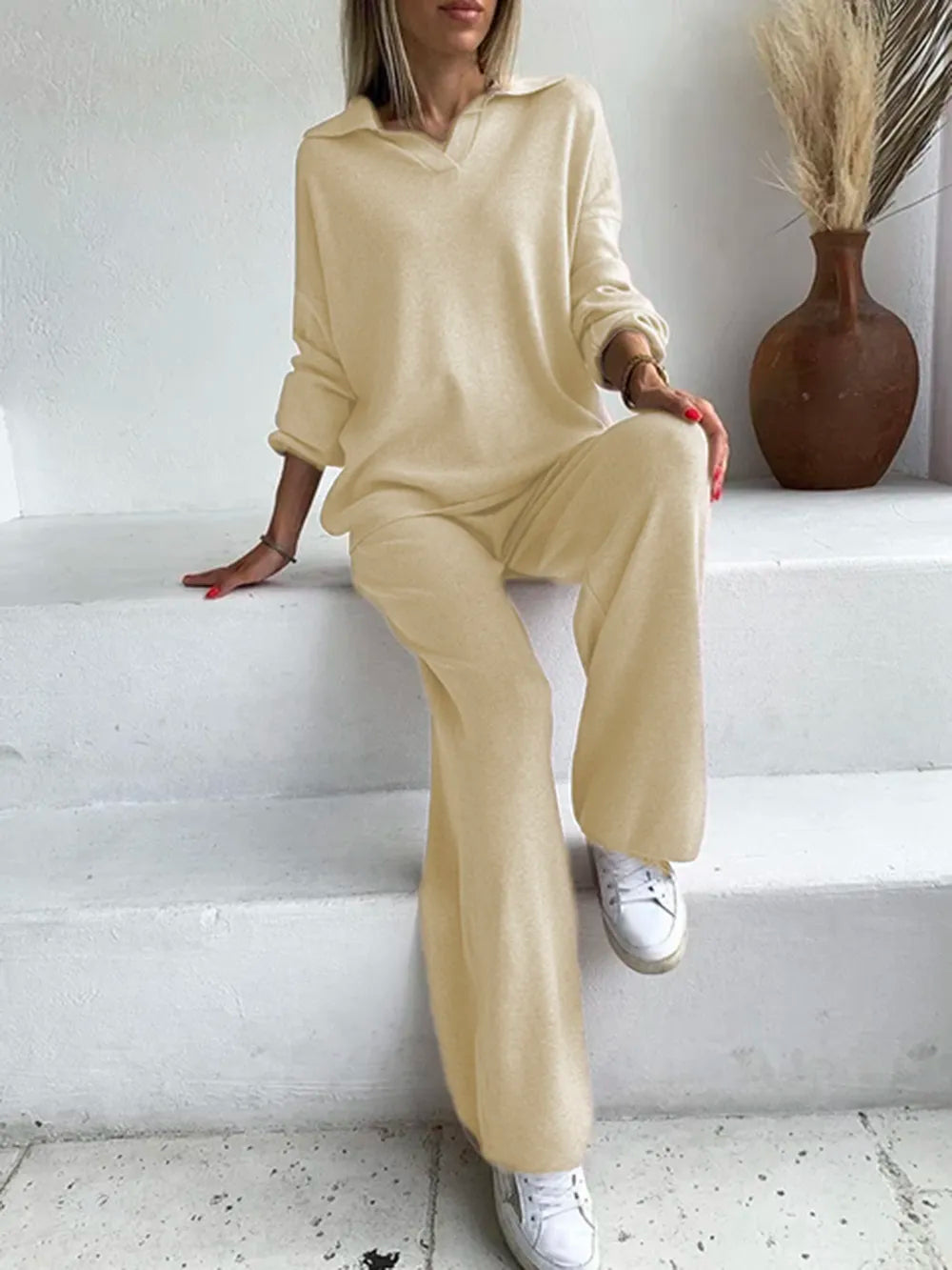 Johnny Collar Long Sleeve Top and Pants Sweater Set Tan One Size Easy Apparels