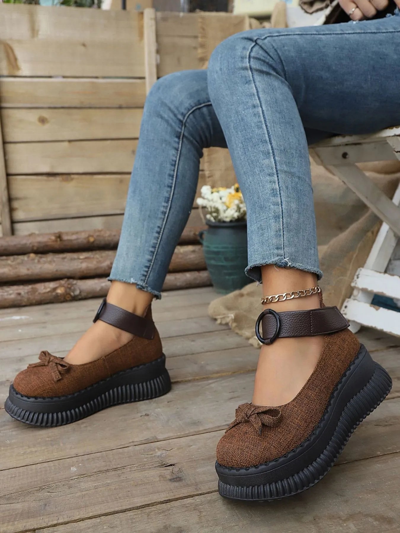 Bow Round Toe Platform Loafers Brown Easy Apparels