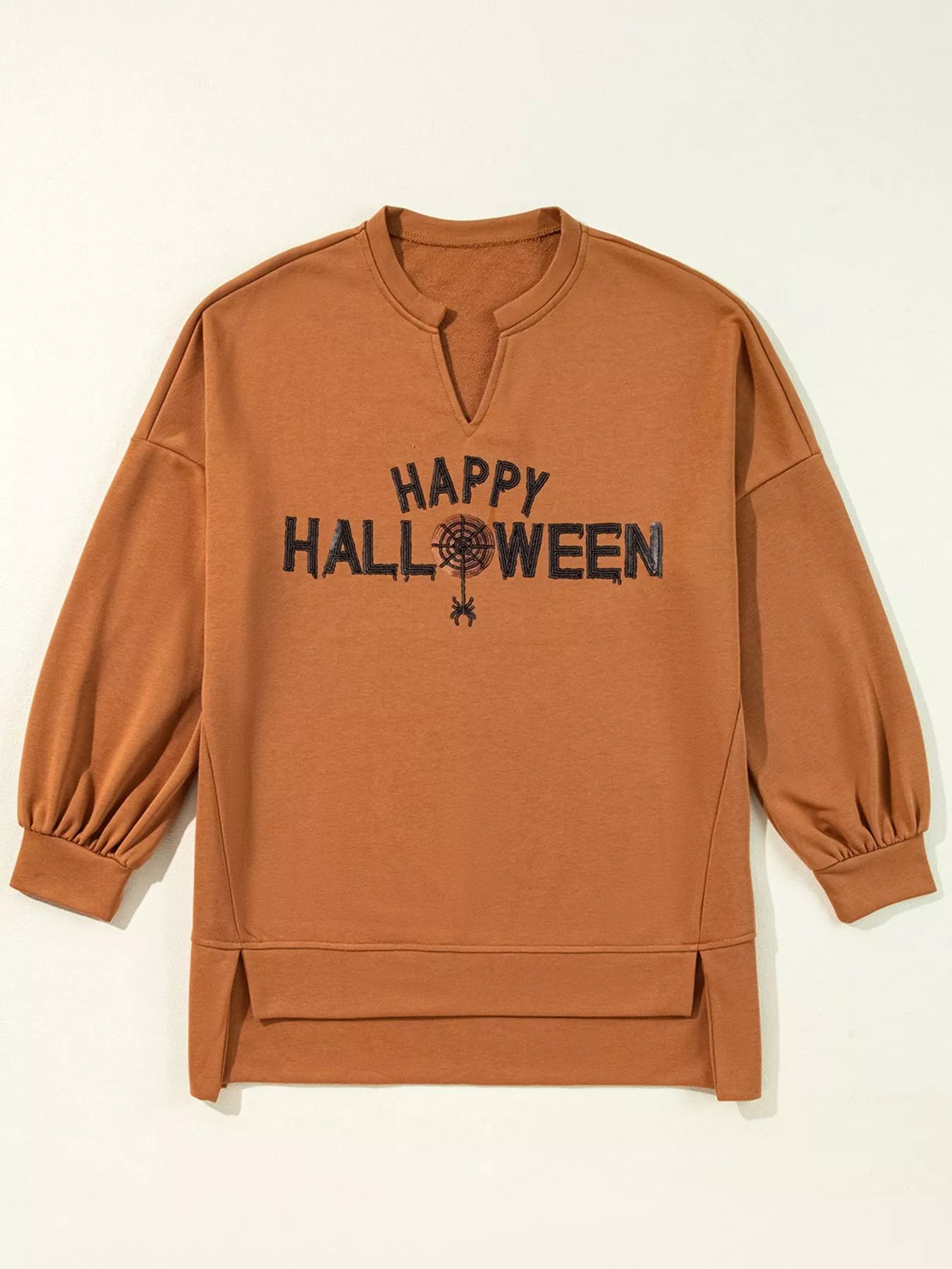 Happy Halloween Graphic Notched Long Sleeve Loose Top Easy Apparels