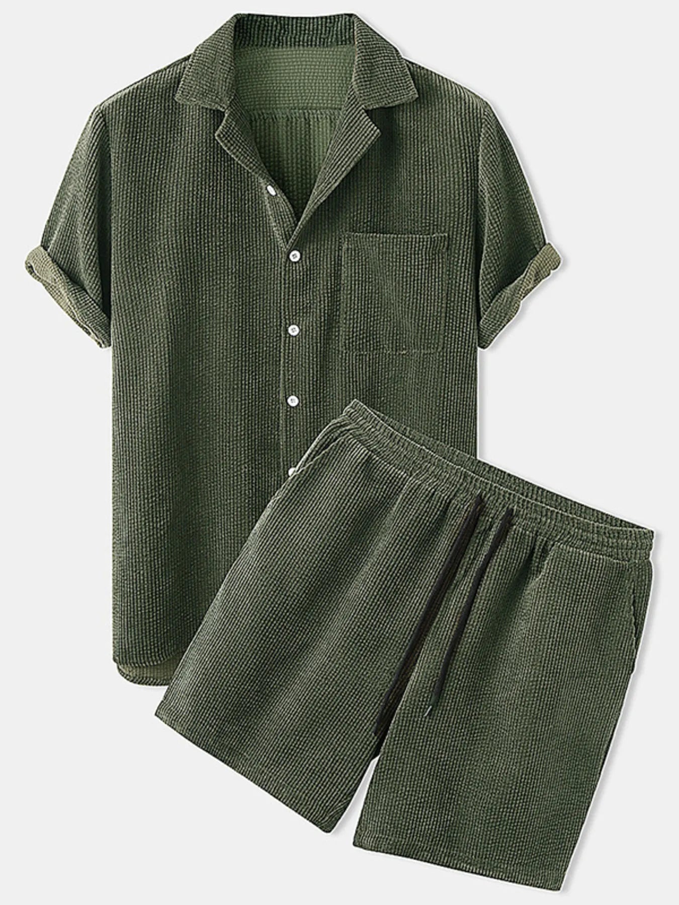 Men's Full Size Classic Textured Top and Shorts Set Plus Size Army Green Easy Apparels