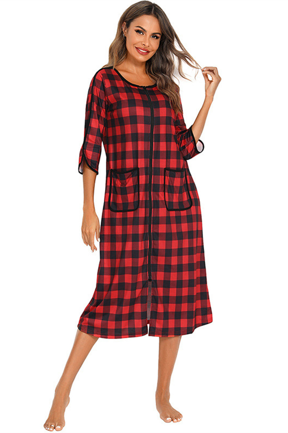 Round Neck Three-Quarter Sleeve Midi Night Dress Easy Apparels