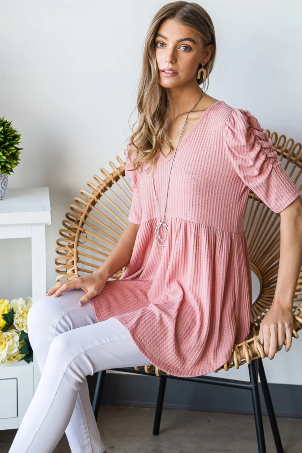 Trendsi Heimish Full Size Waffle Knit V-Neck Babydoll Top
