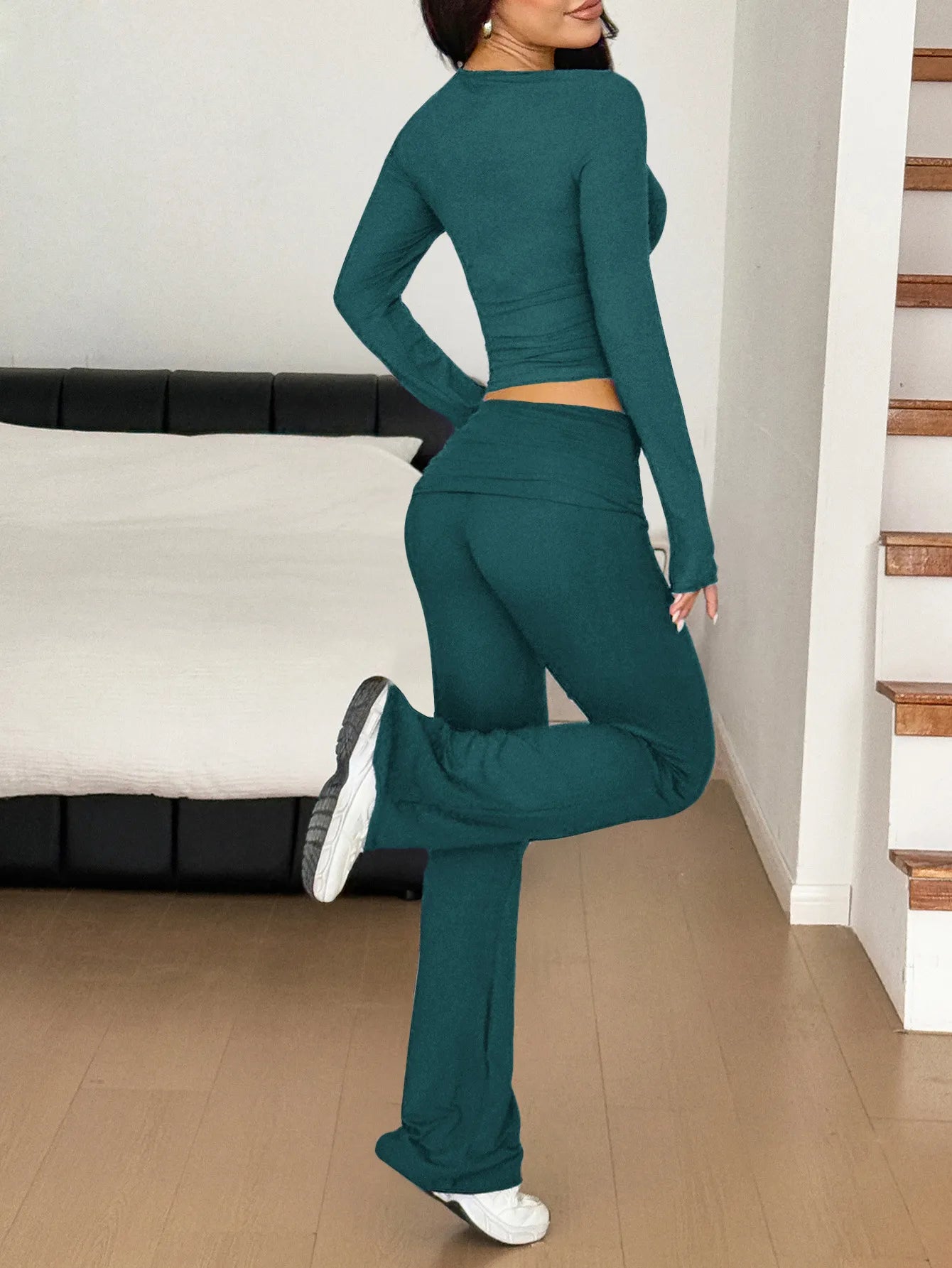 Long Sleeve Crop Top and Bootcut Pants Set Easy Apparels