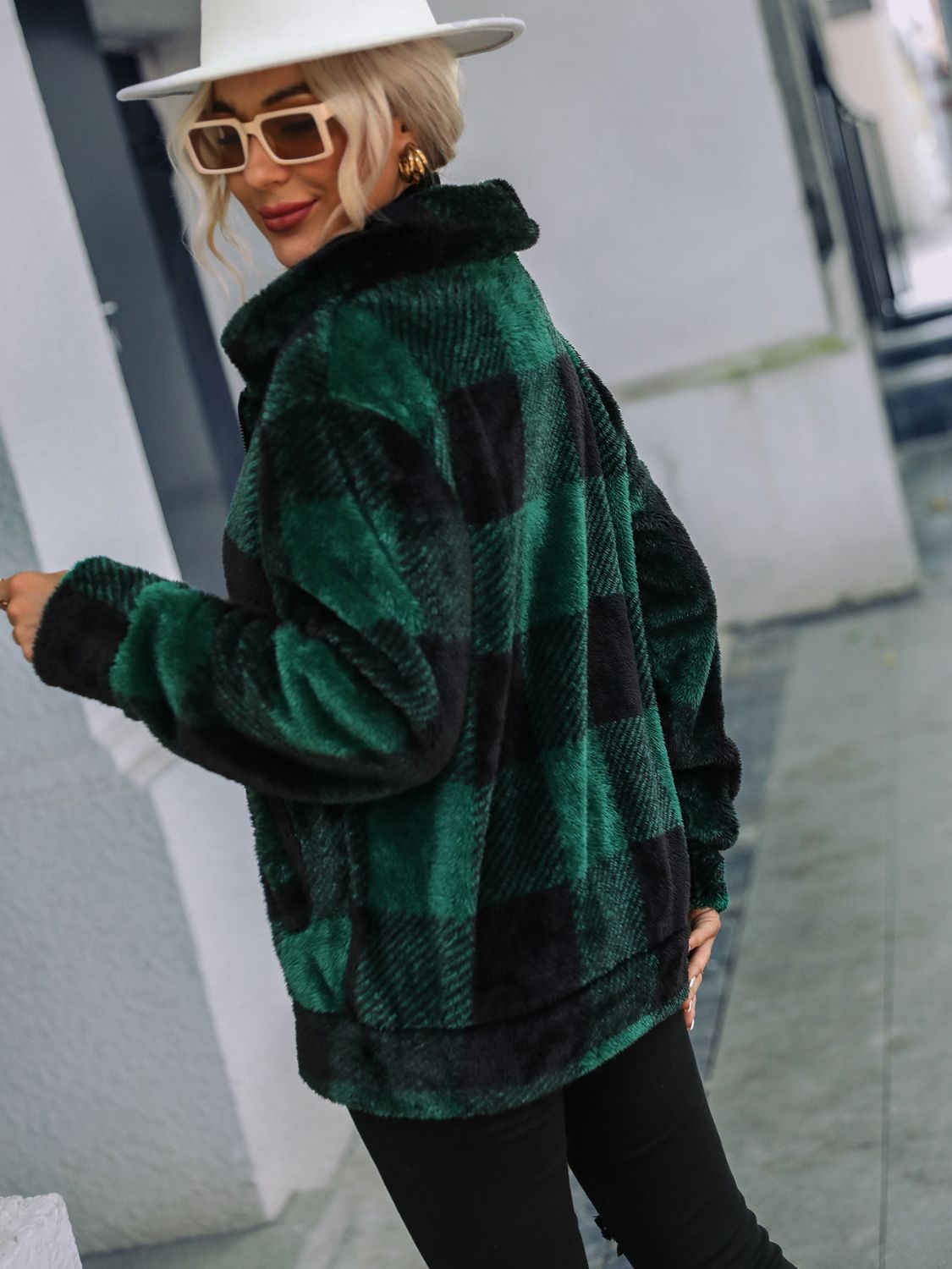Plaid Zip-Up Collared Jacket Easy Apparels