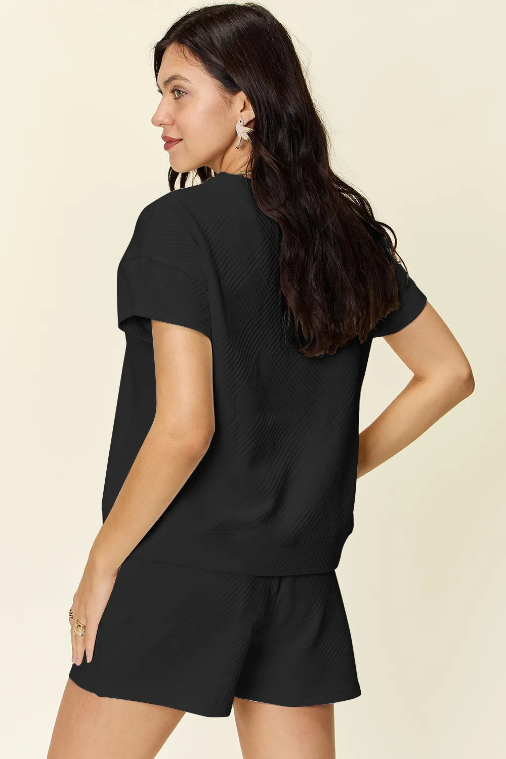 Double Take Full Size Texture Short Sleeve T-Shirt and Drawstring Shorts Set Easy Apparels