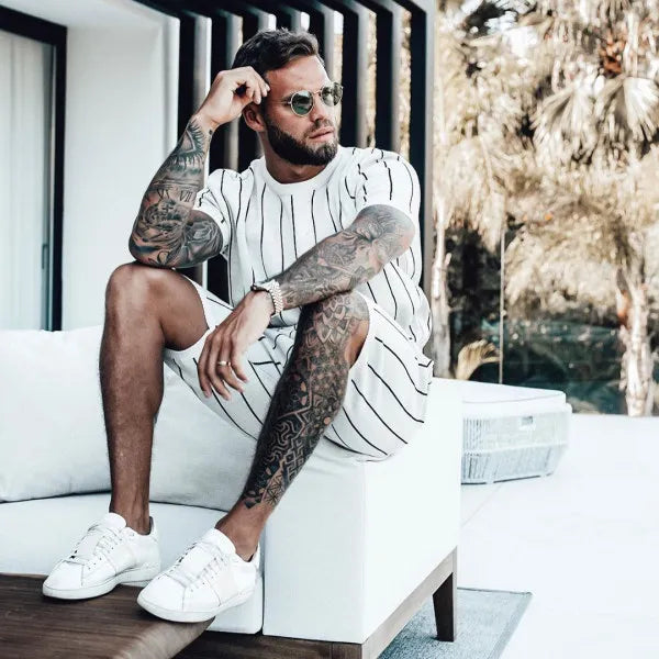 Men's Full Size Striped Casual Top and Shorts Summer Set Plus Size White Easy Apparels