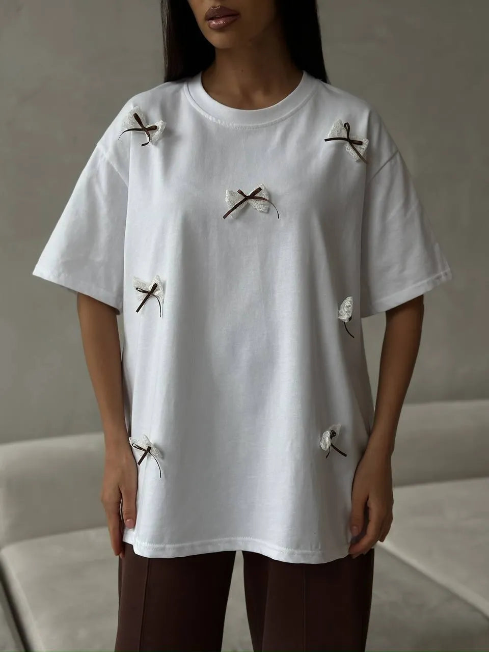 Trendsi Bow Round Neck Oversized T-Shirt