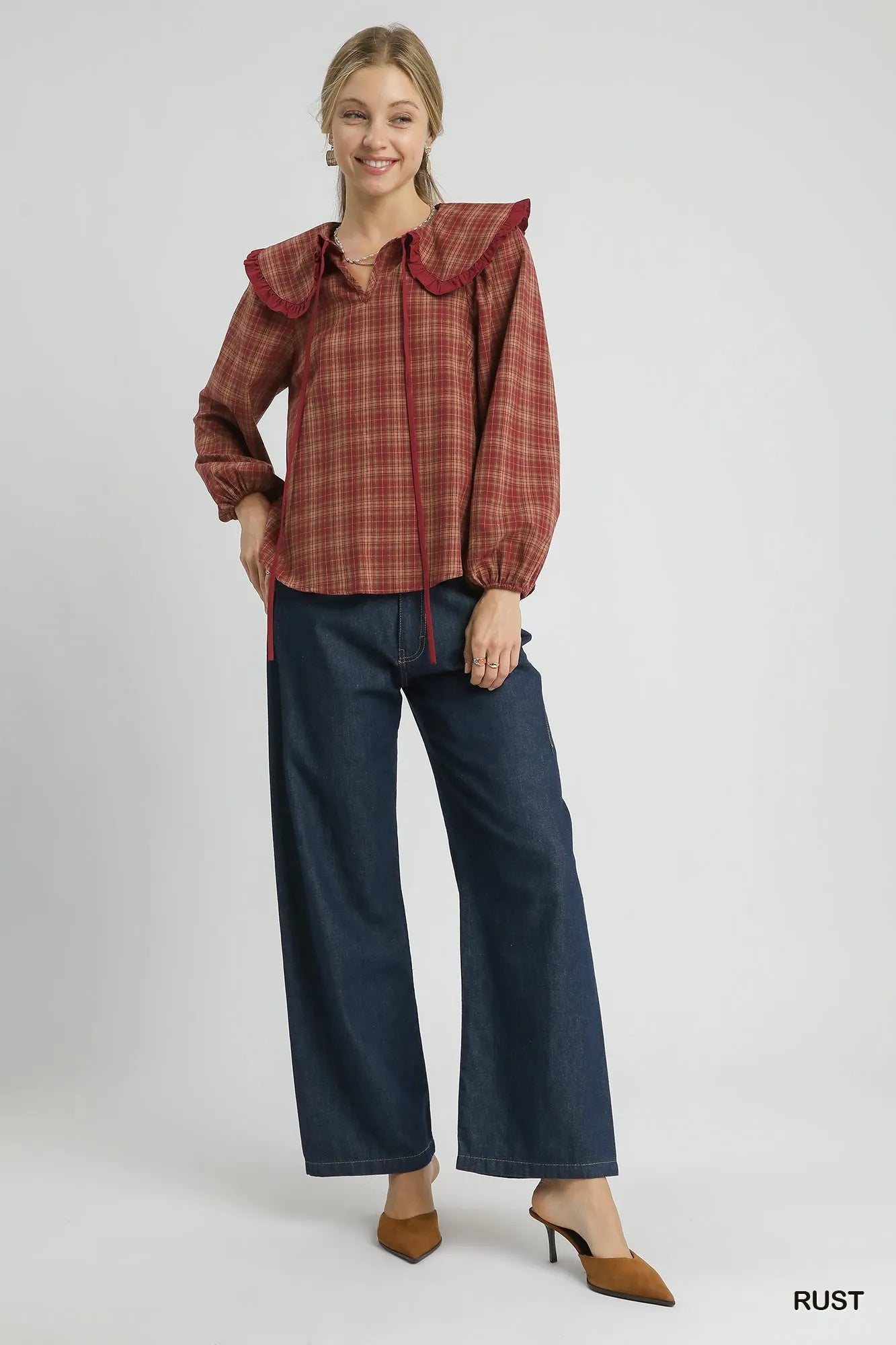 Umgee Full Size Plaid Ruffle Collar Blouse Plus Size Easy Apparels