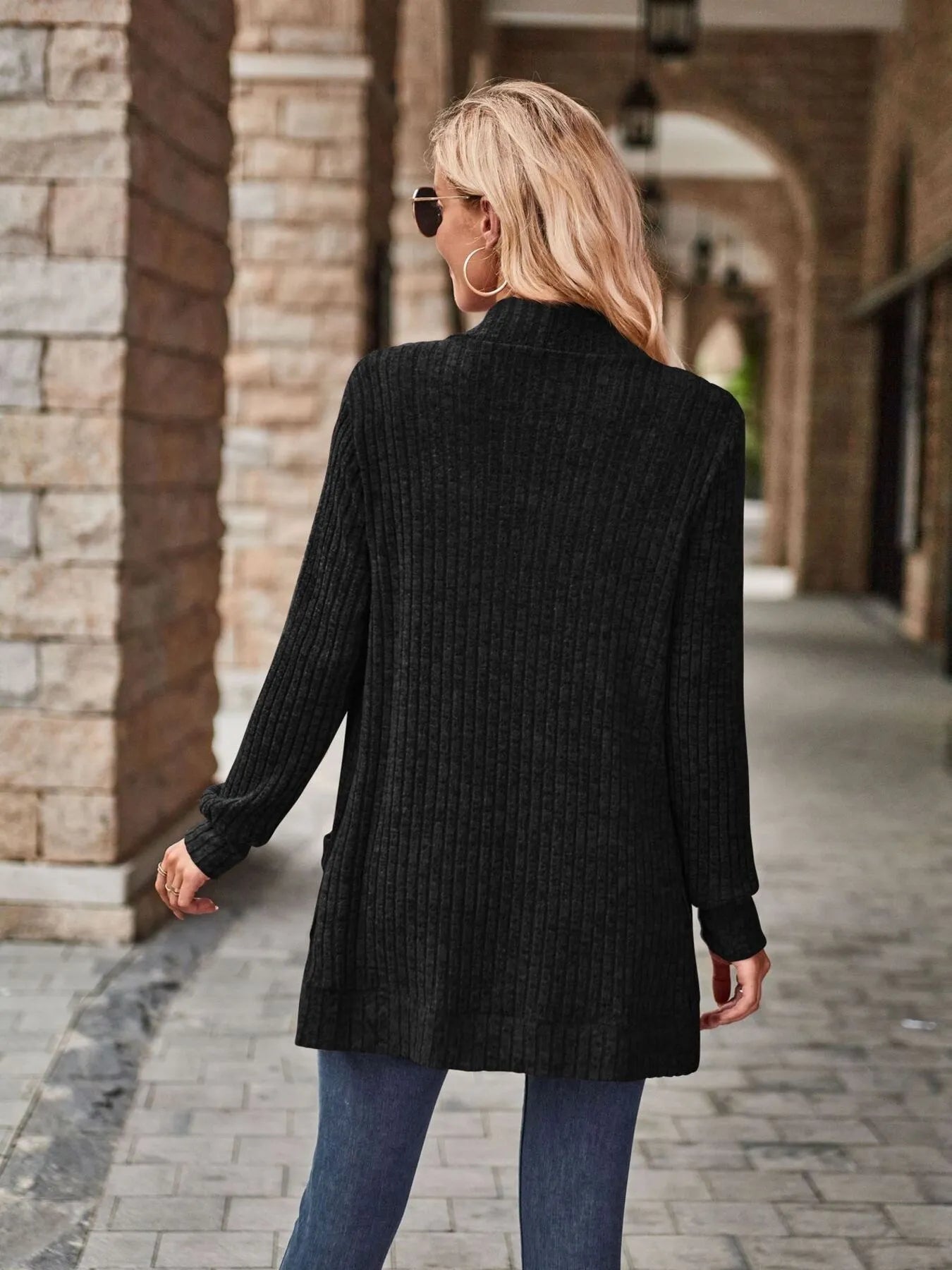 Ribbed Open Front Long Cardigan with Pockets Easy Apparels