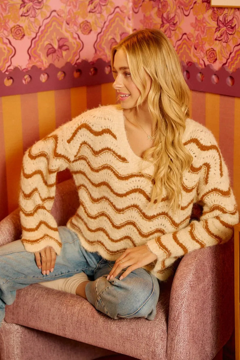 Trendsi BiBi Wavy Stripes V-Neck Cropped Sweater