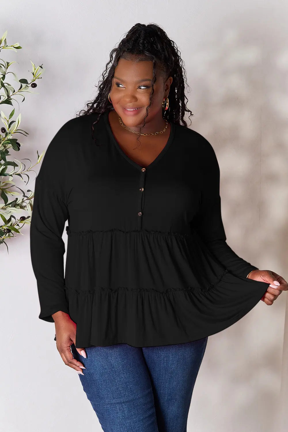 Trendsi Double Take Half Button Long Sleeve Ruffle Hem Blouse Black