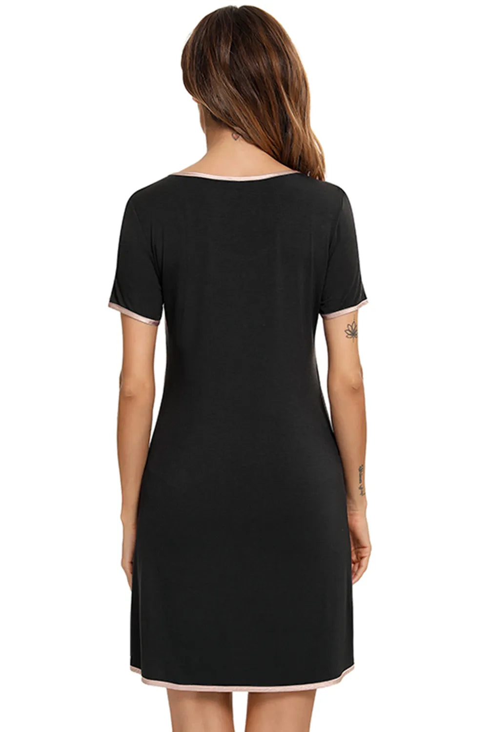 Contrast Trim Pocketed Round Neck Lounge Dress Easy Apparels