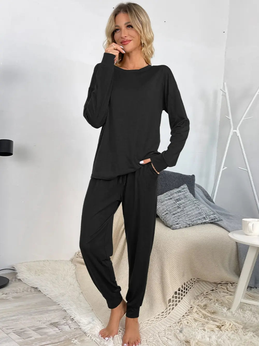 Shiny Round Neck Top and Drawstring Pants Lounge Set Easy Apparels