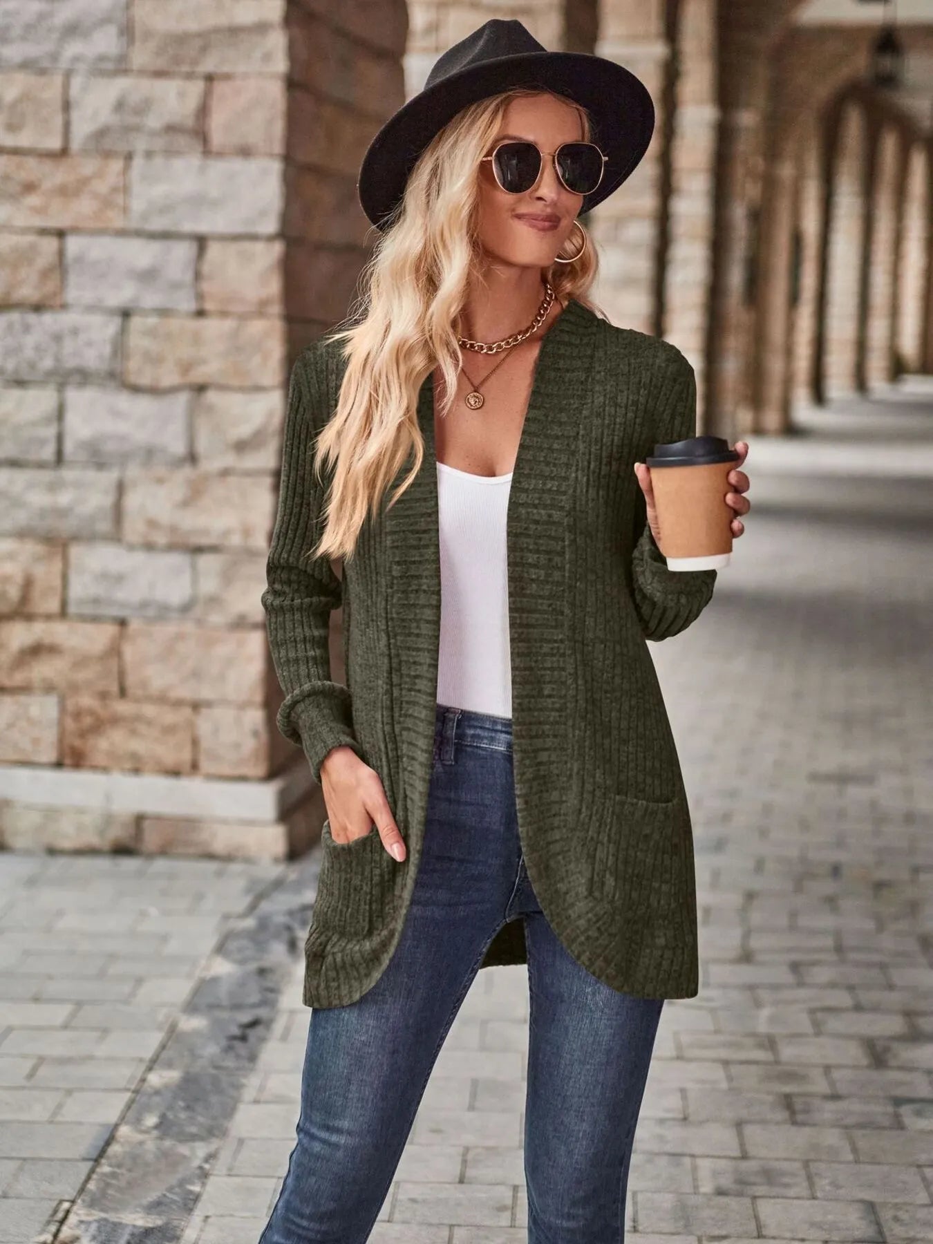 Ribbed Open Front Long Cardigan with Pockets Easy Apparels