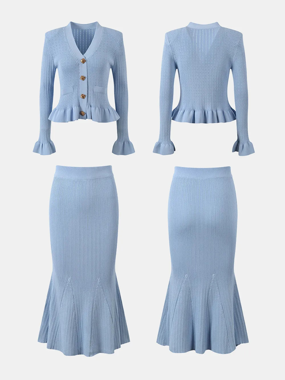 Ruffled V-Neck Top and Midi Skirt Sweater Set Easy Apparels
