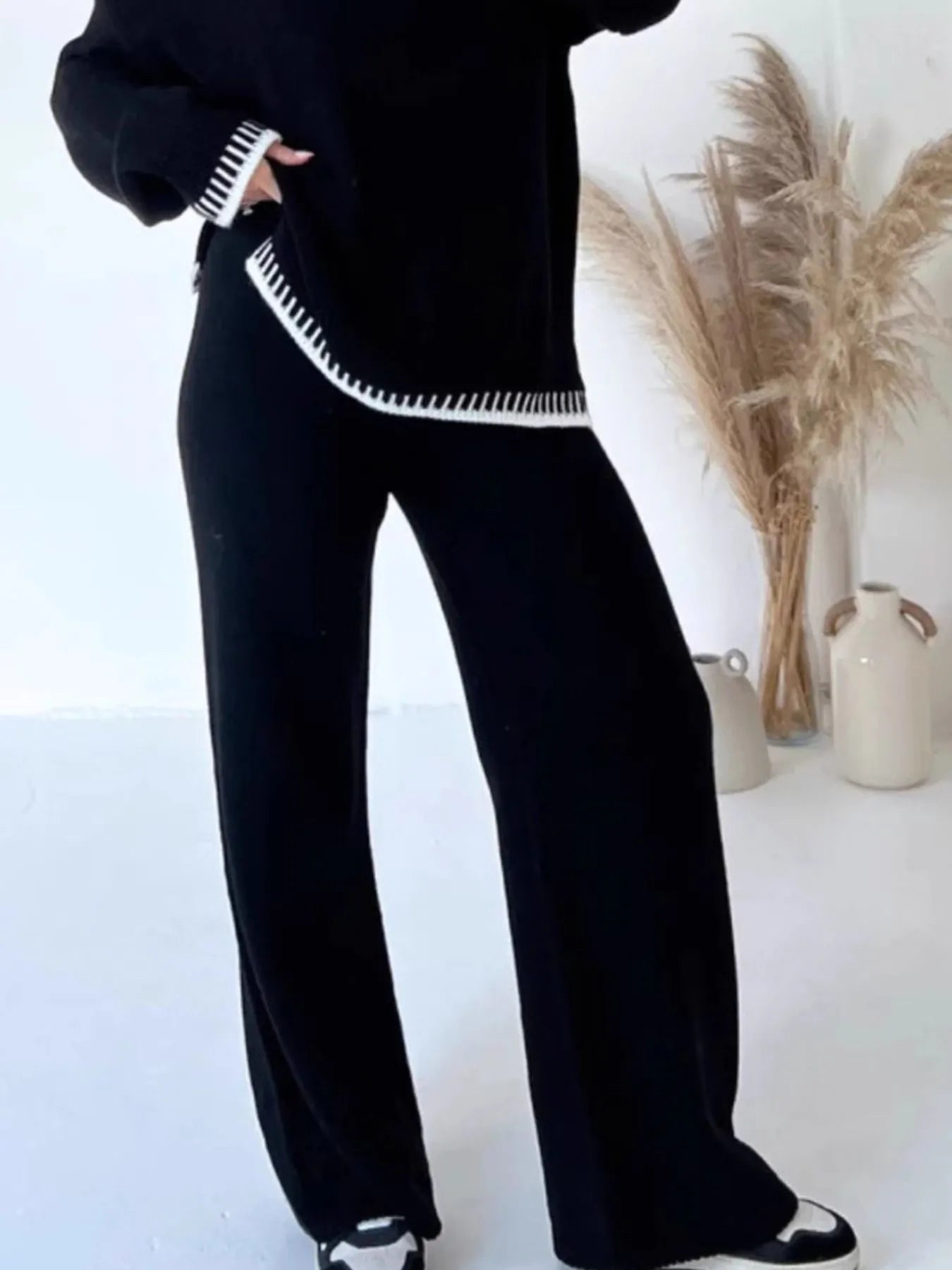 Contrast Trim Round Neck Top and Pants Sweater Set Easy Apparels