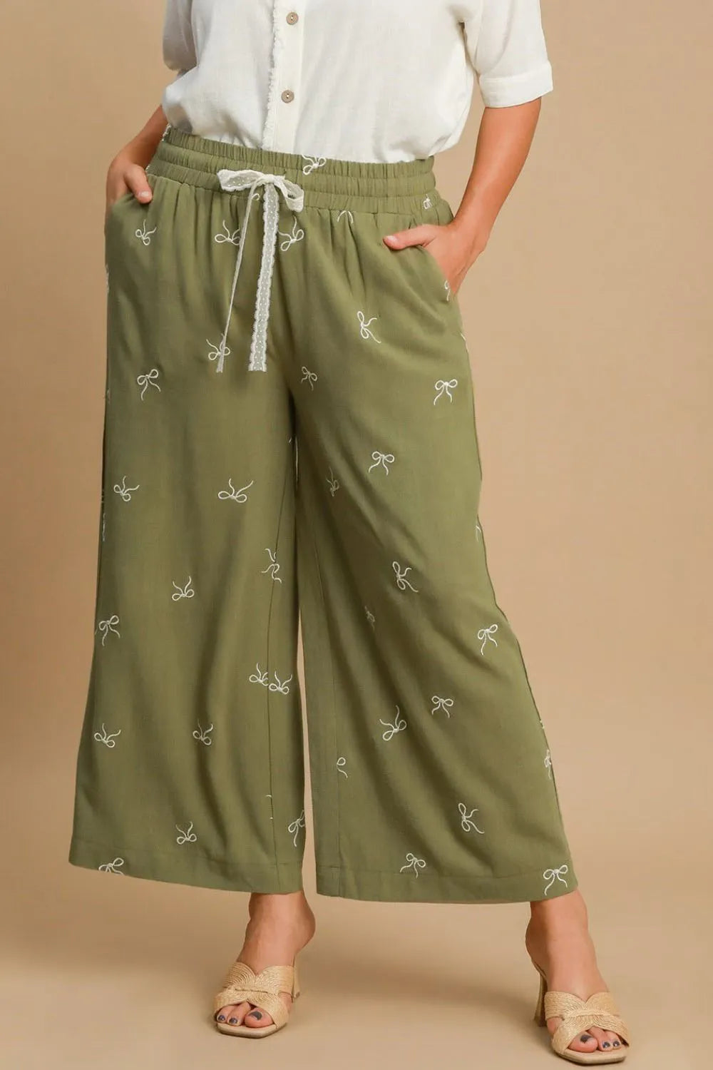 Umgee Full Size Lace Drawstring Embroidered Bow Wide Leg Pants Plus Size Easy Apparels