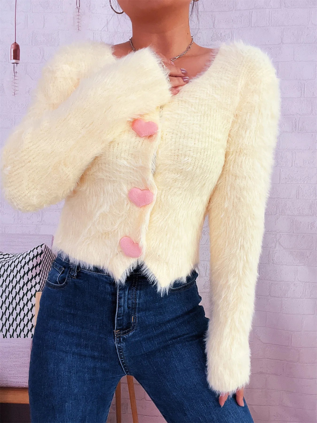 Fuzzy Heart Shape Button-Up Cardigan Easy Apparels