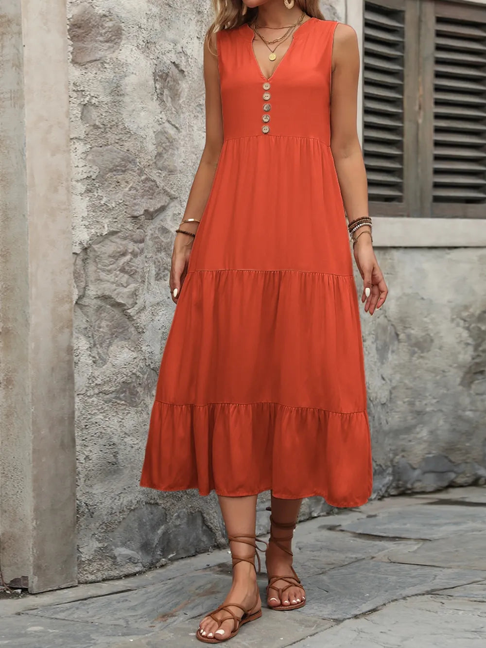 Ivy Lane Decorative Button Notched Sleeveless Dress Easy Apparels