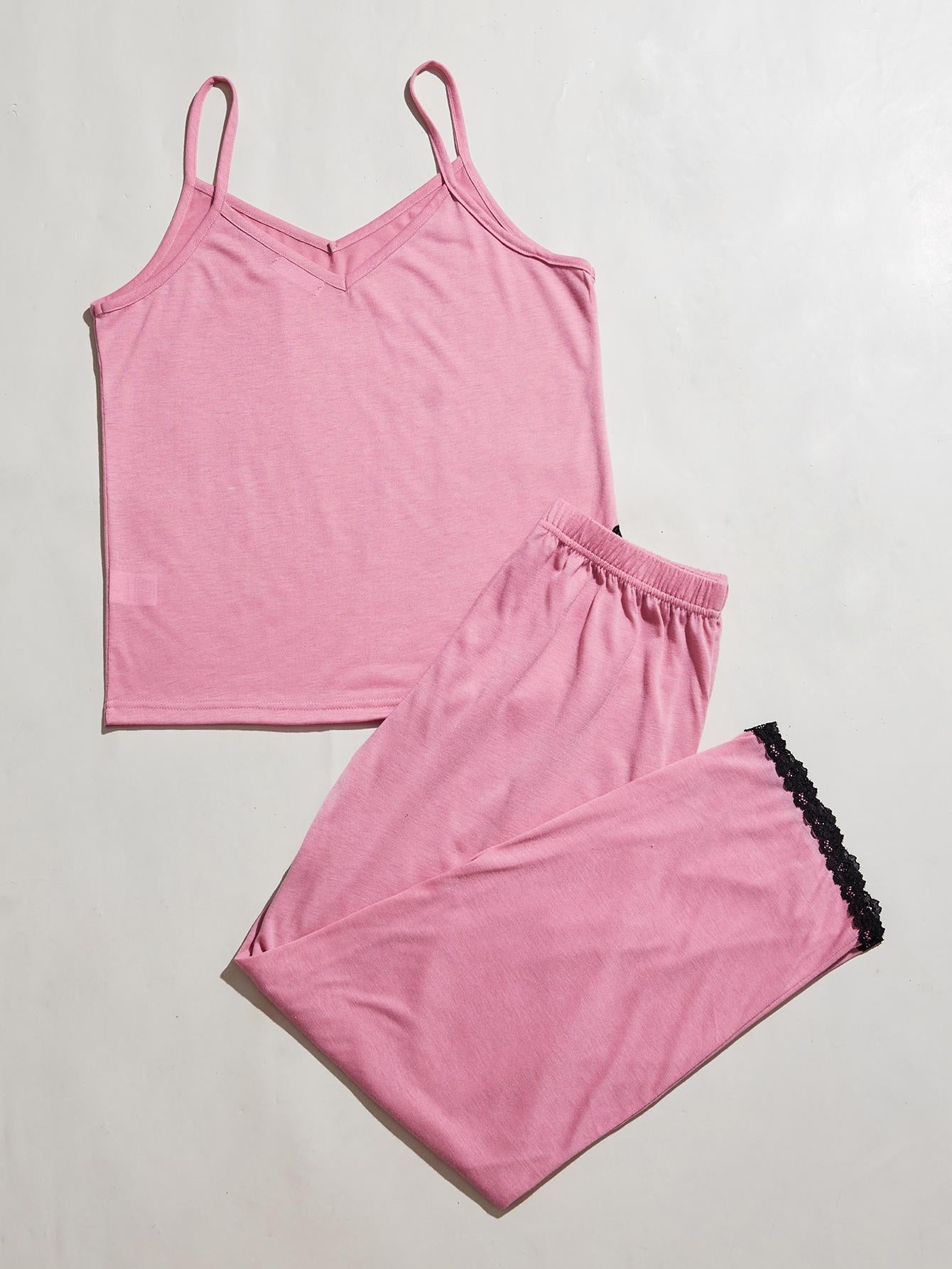 V-Neck Lace Trim Slit Cami and Pants Pajama Set Pink Easy Apparels