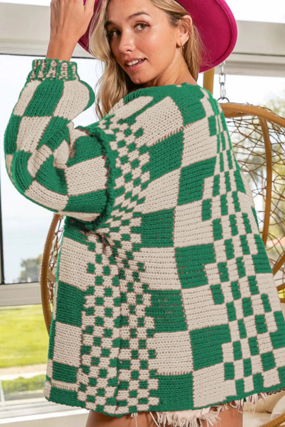 Checkered Open Front Long Sleeve Cardigan Easy Apparels