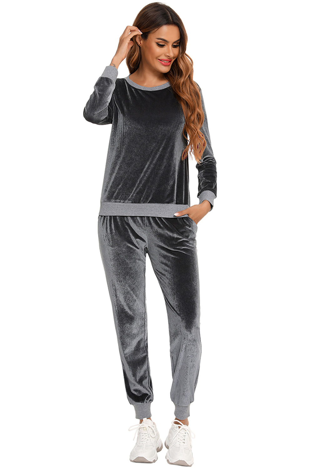 Round Neck Long Sleeve Loungewear Set with Pockets Easy Apparels