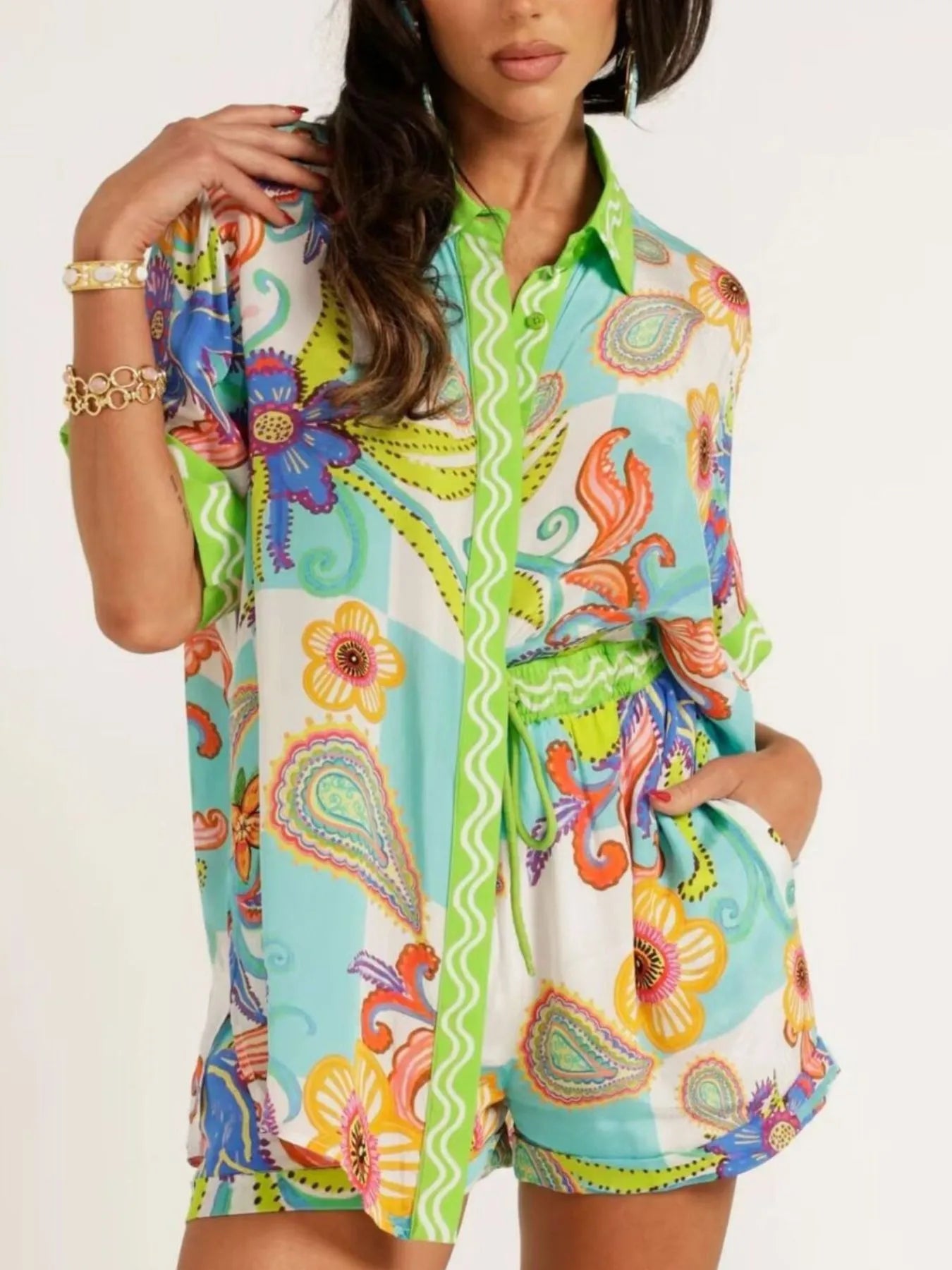 Tropical Print Button Up Shirt and Shorts Set Easy Apparels