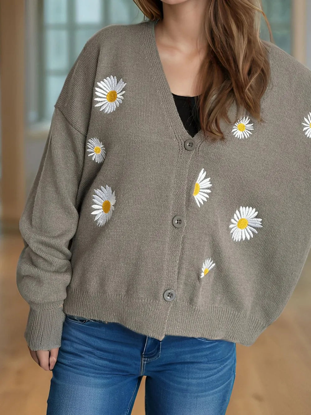 Daisy Button Up V-Neck Cardigan Easy Apparels