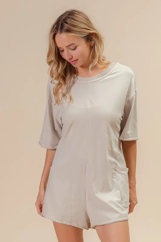 BiBi Short Sleeve Back Open Washed Romper Easy Apparels